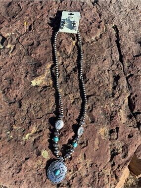 Southwestern Style Turquoise Pendant Necklace + Matching Earrings Set